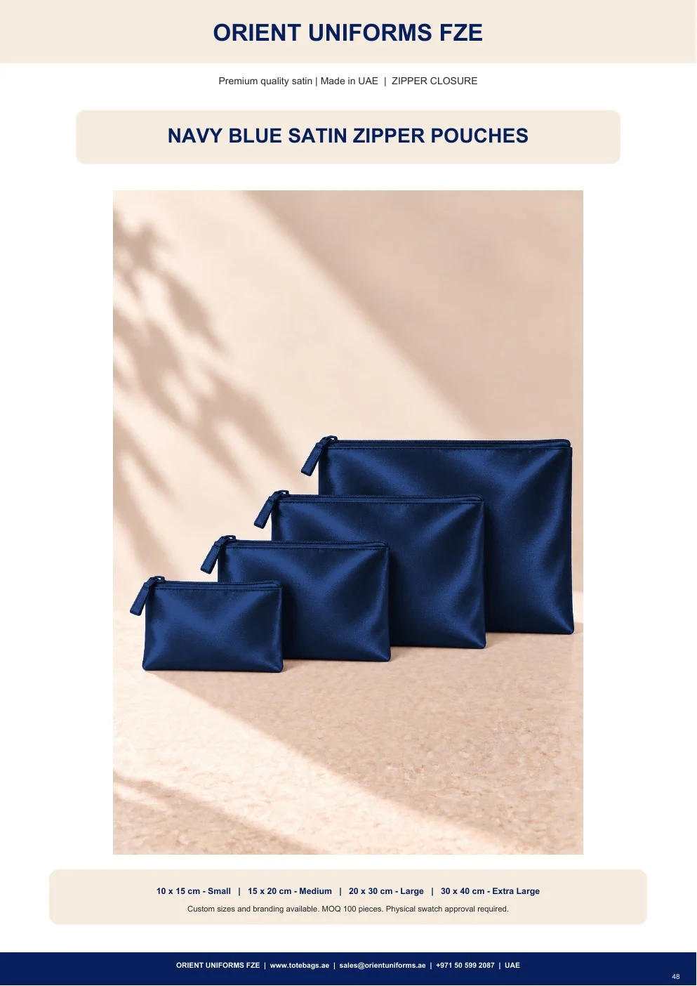 Navy Blue Satin Zipper Pouches