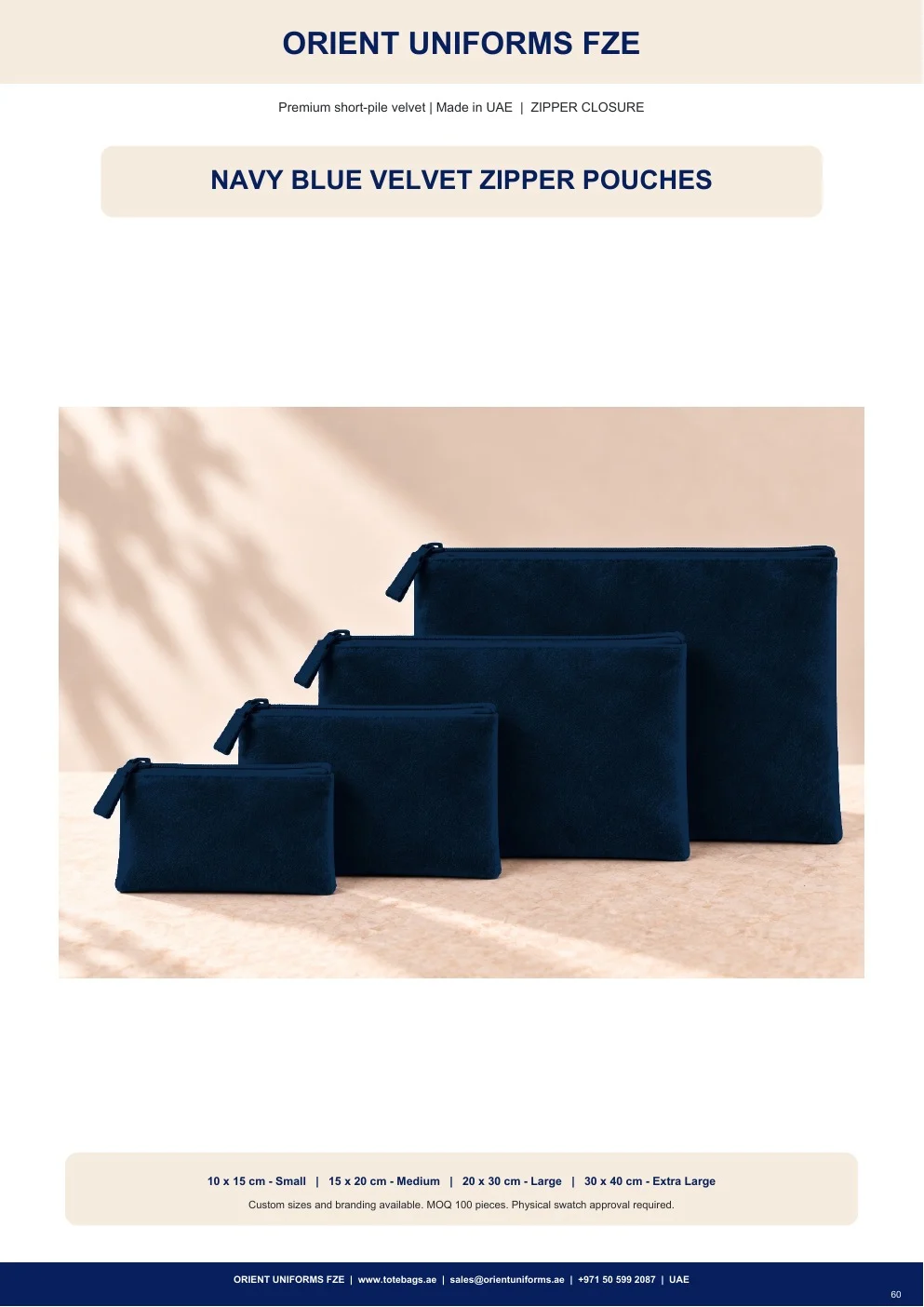 Navy Blue Velvet Zipper Pouches