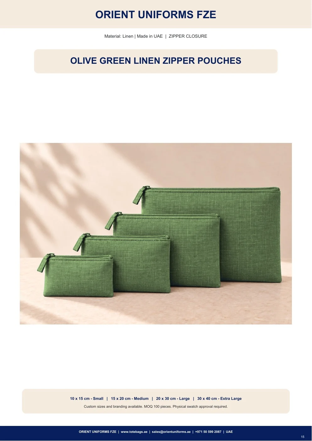 Olive Green Linen Zipper Pouches
