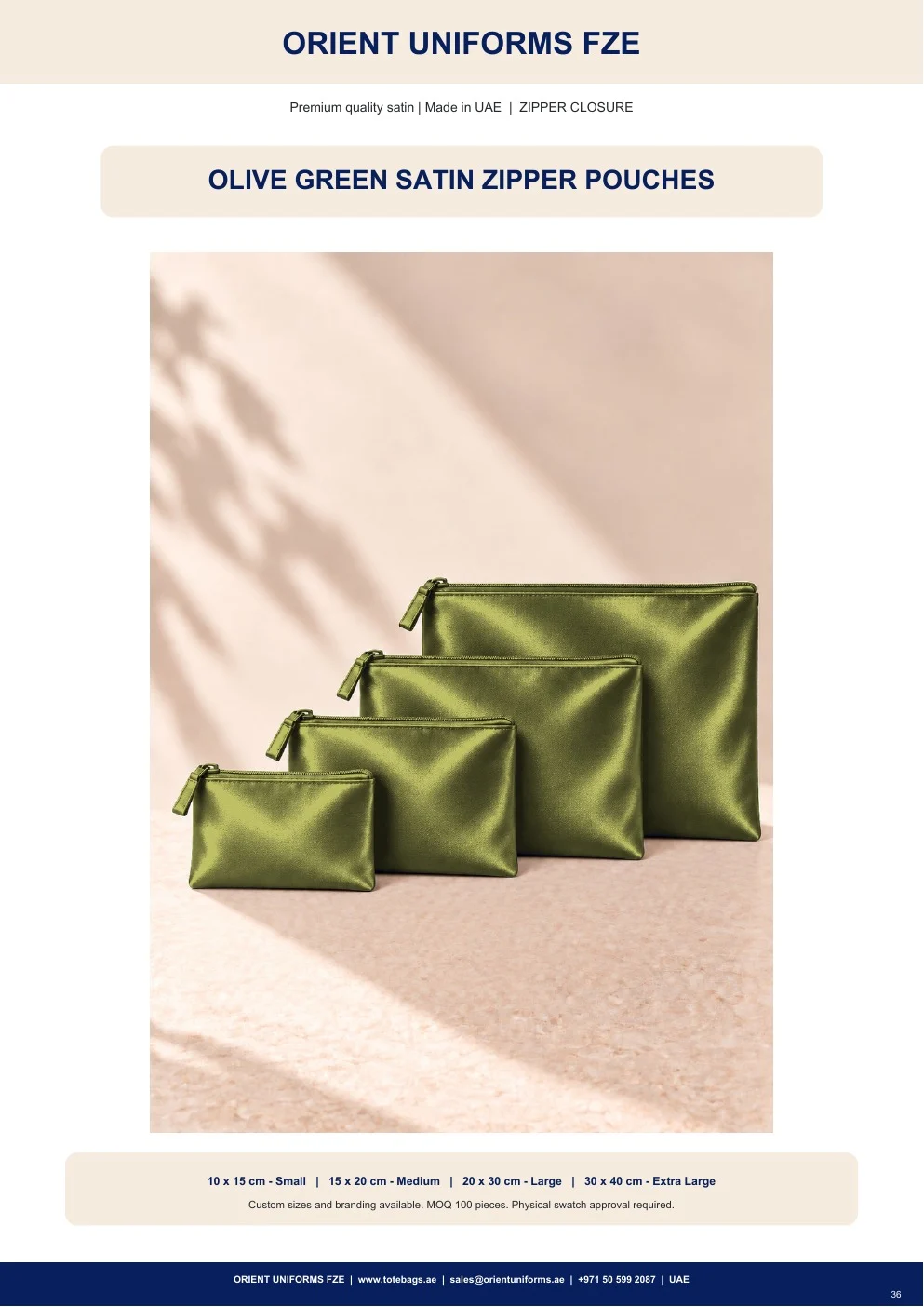 Olive Green Satin Zipper Pouches