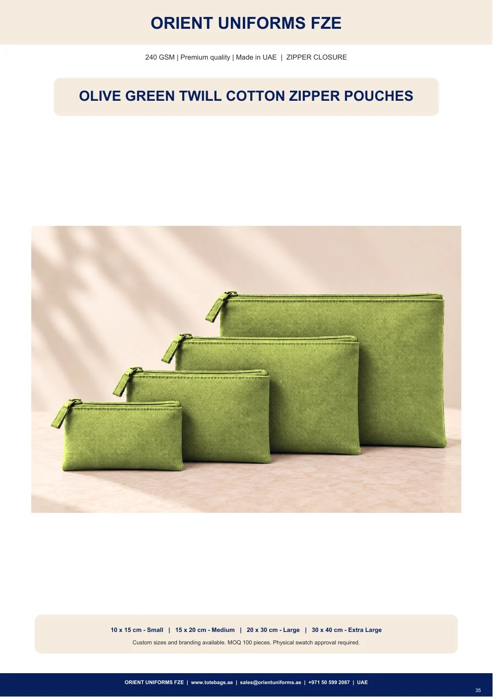 Olive Green Twill Cotton Zipper Pouches