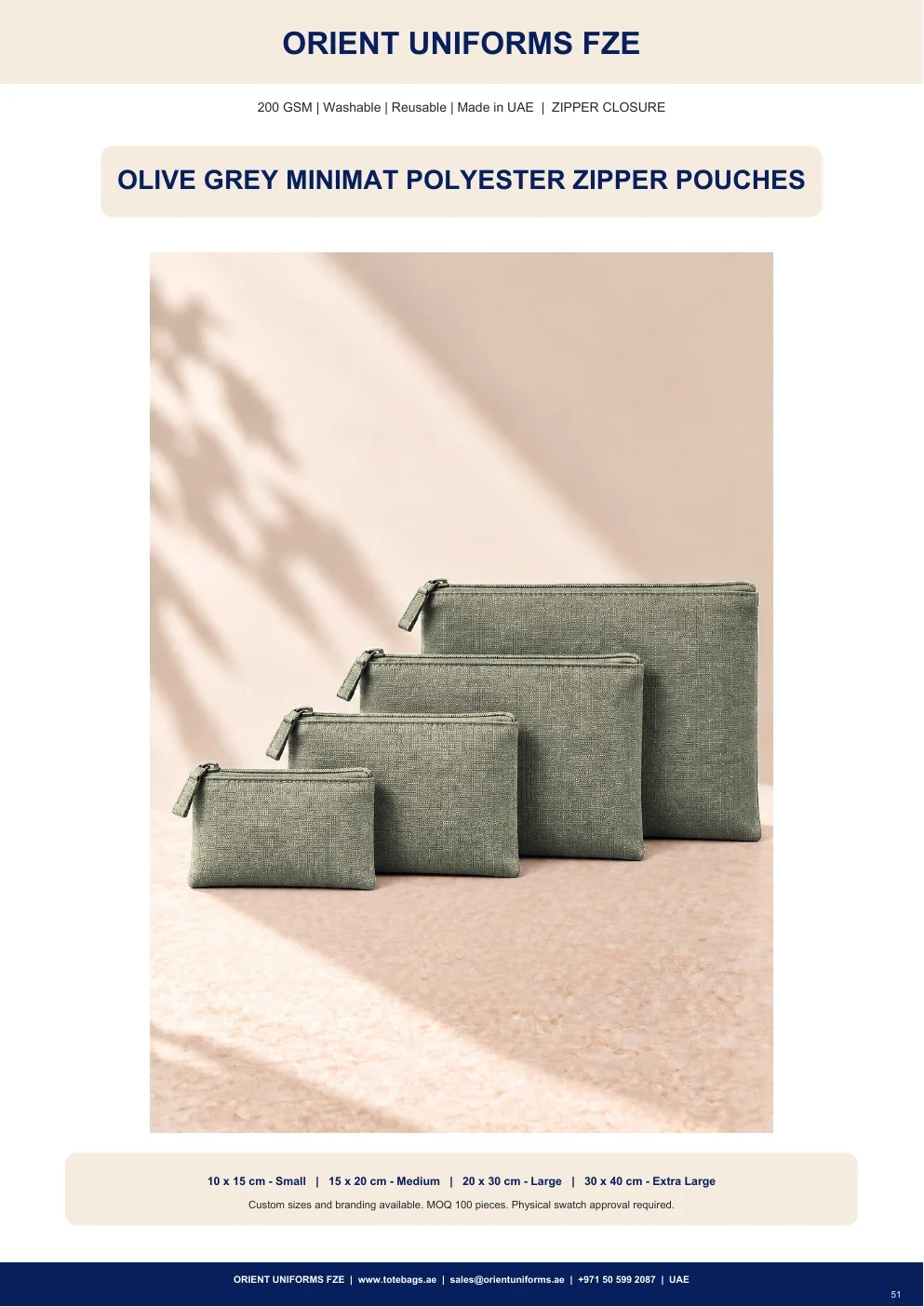 Olive Grey Minimat Polyester Zipper Pouches