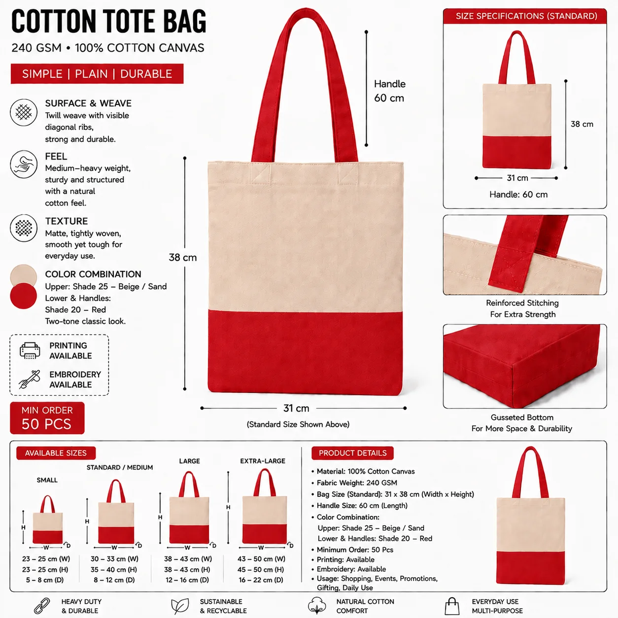 Red Cotton Tote Bag Classic Shopper