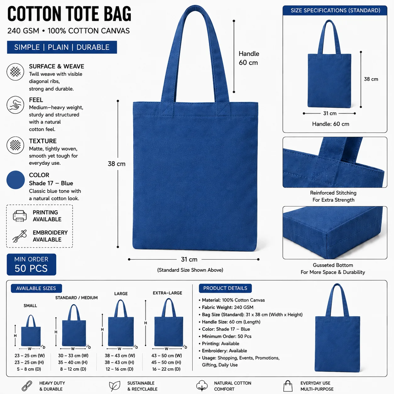 Royal Blue Cotton Tote Bag Promotional Shopper