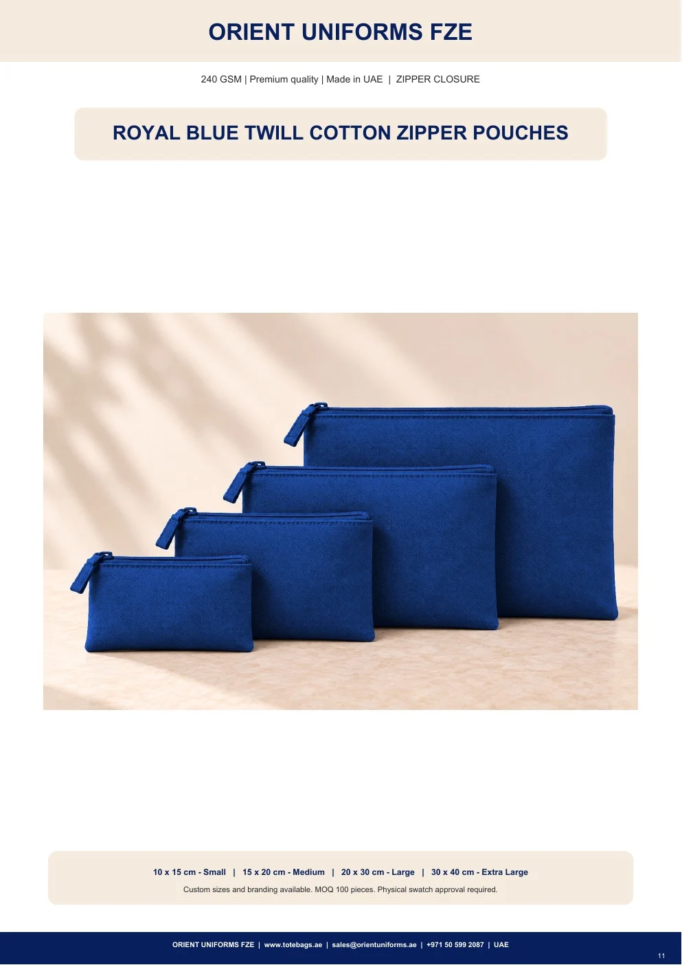Royal Blue Twill Cotton Zipper Pouches