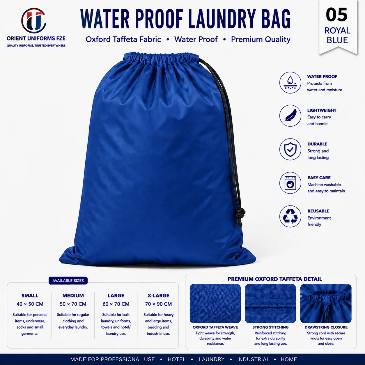 Royal Blue Waterproof Oxford Taffeta Commercial Laundry Bag Royal Blue Waterproof Oxford Taffeta Commercial Laundry Bag