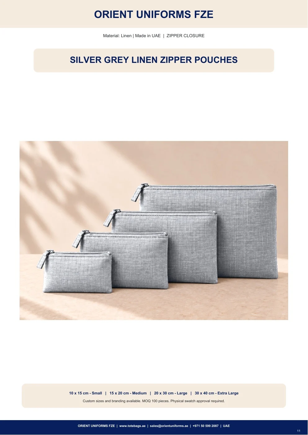 Silver Grey Linen Zipper Pouches