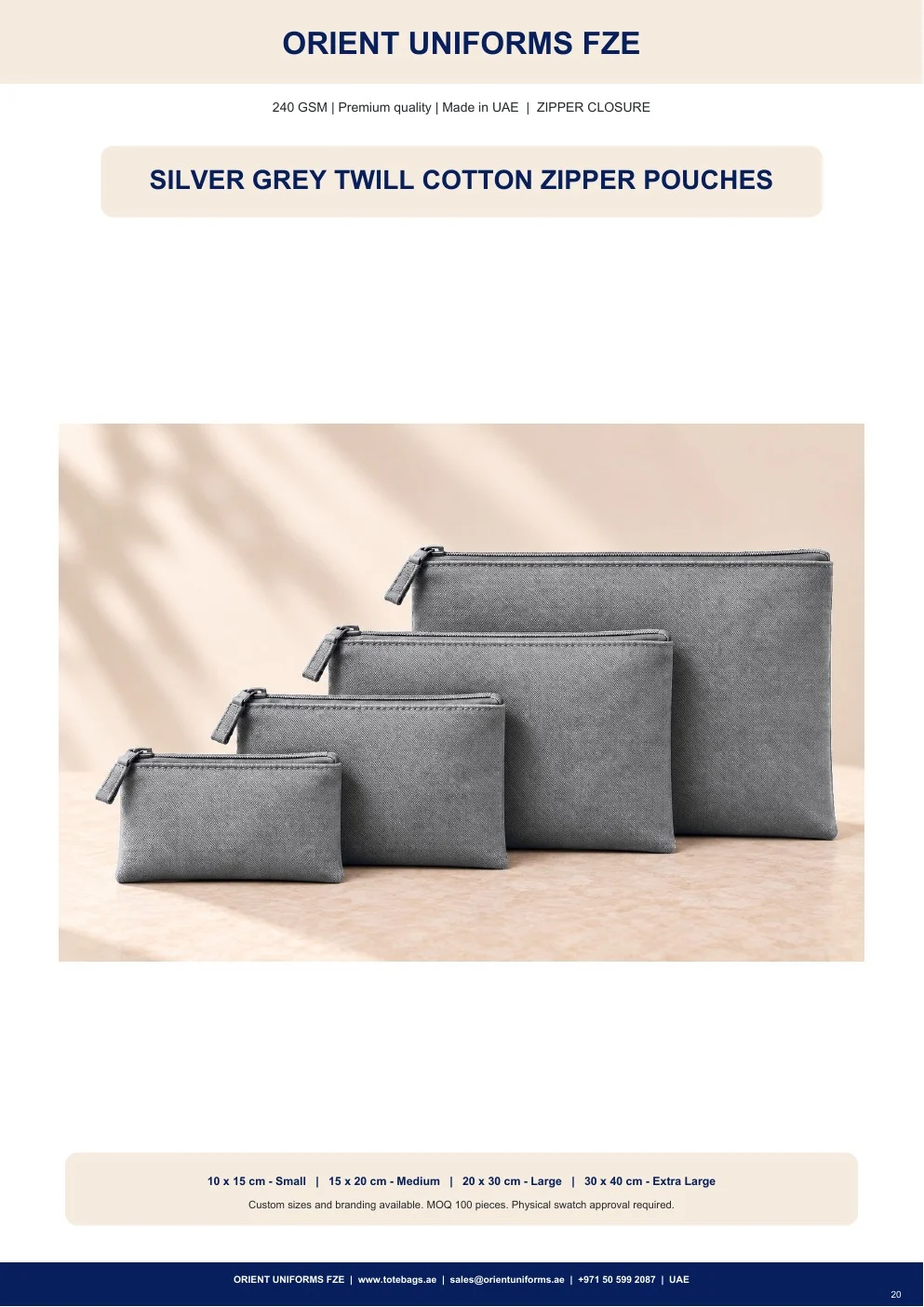 Silver Grey Twill Cotton Zipper Pouches