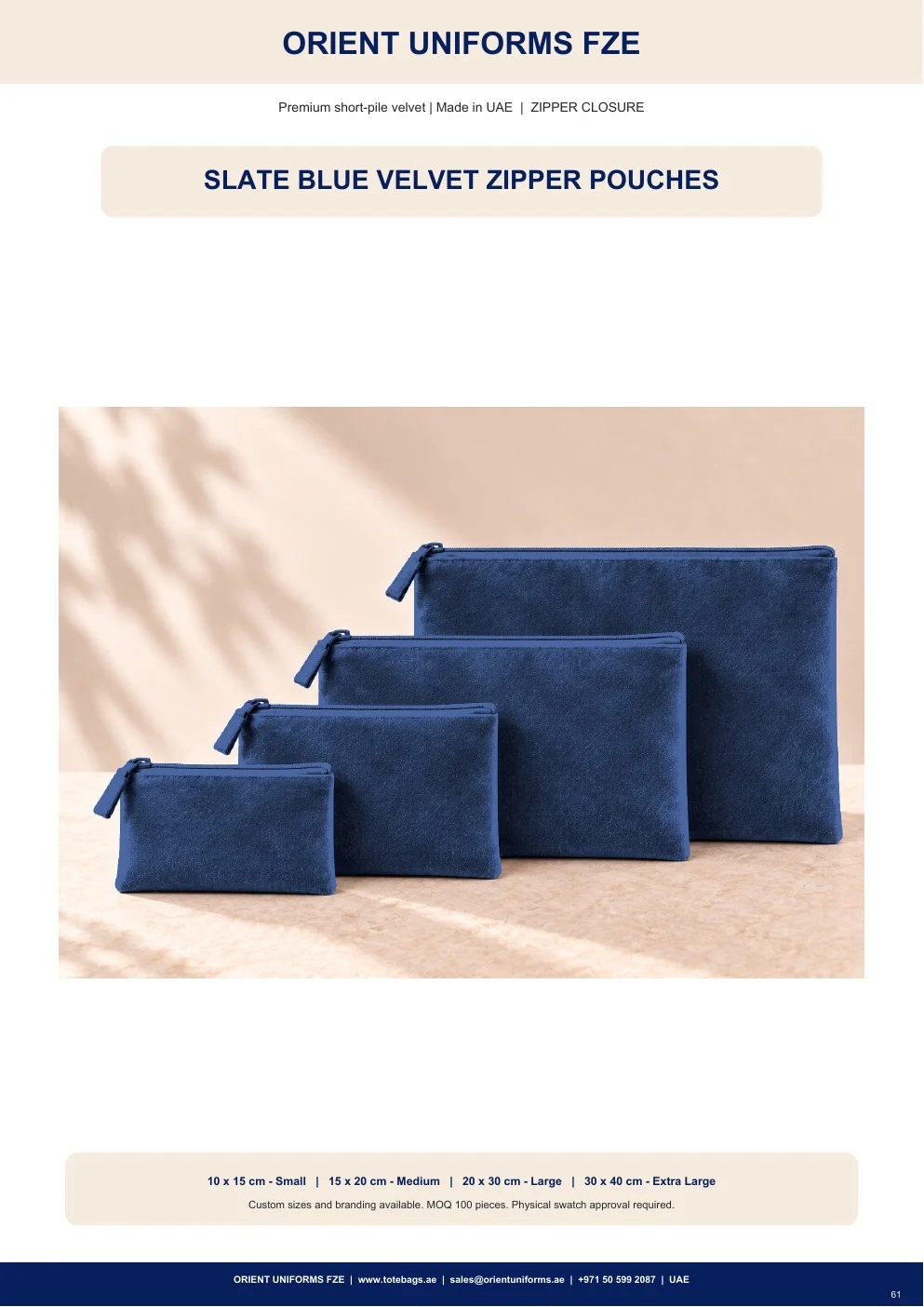 Slate Blue Velvet Zipper Pouches