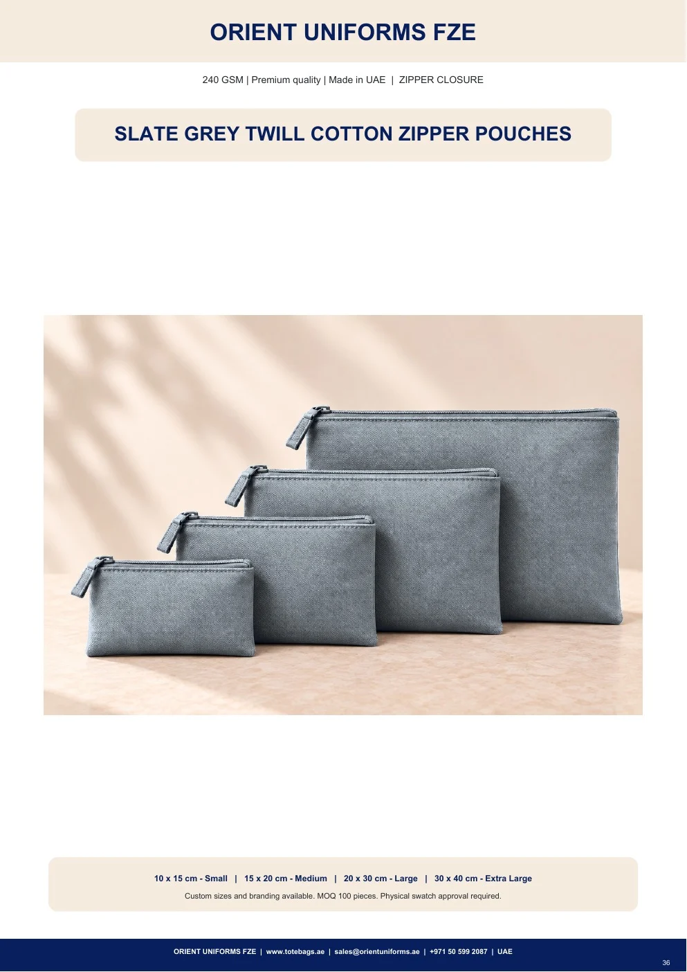 Slate Grey Twill Cotton Zipper Pouches