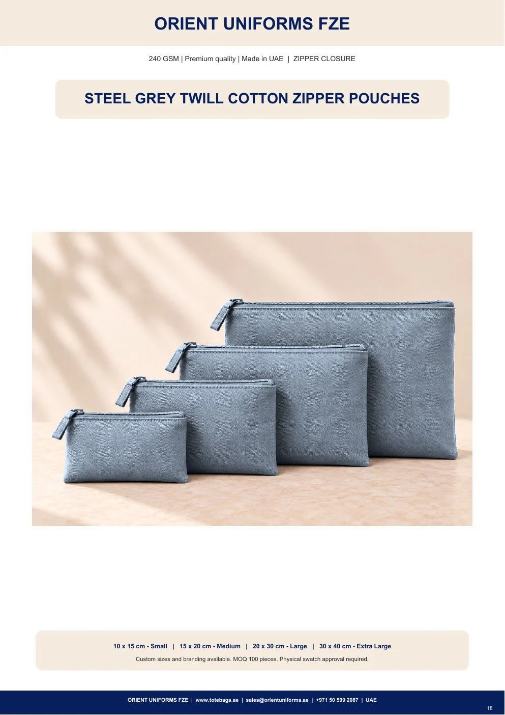 Steel Grey Twill Cotton Zipper Pouches