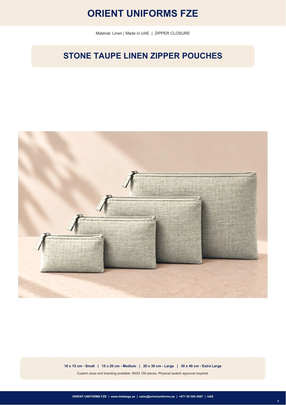 Stone Taupe Linen Zipper Pouches