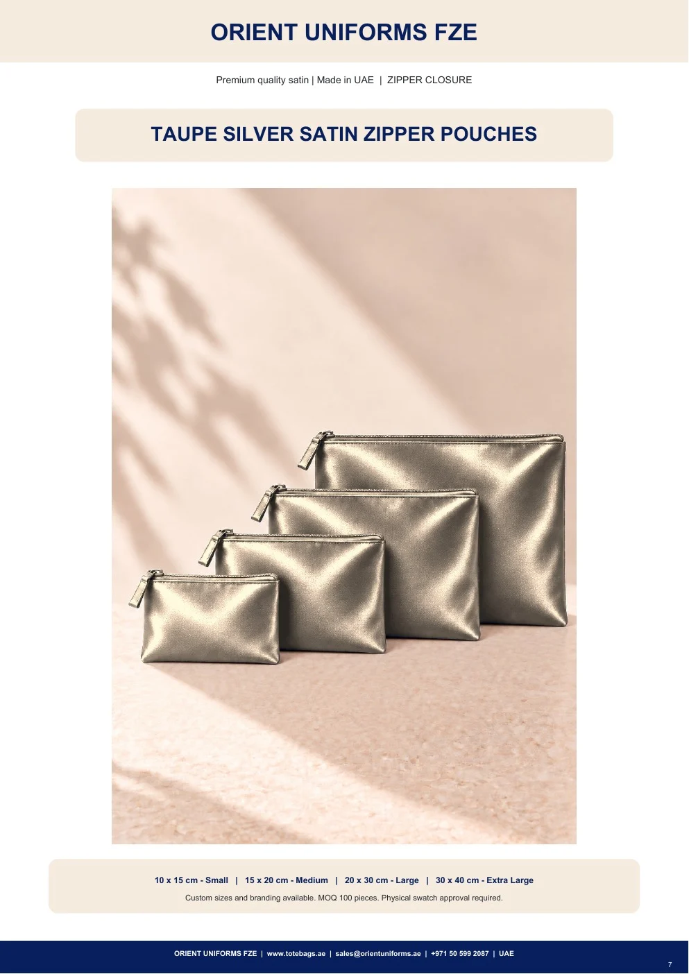Taupe Silver Satin Zipper Pouches