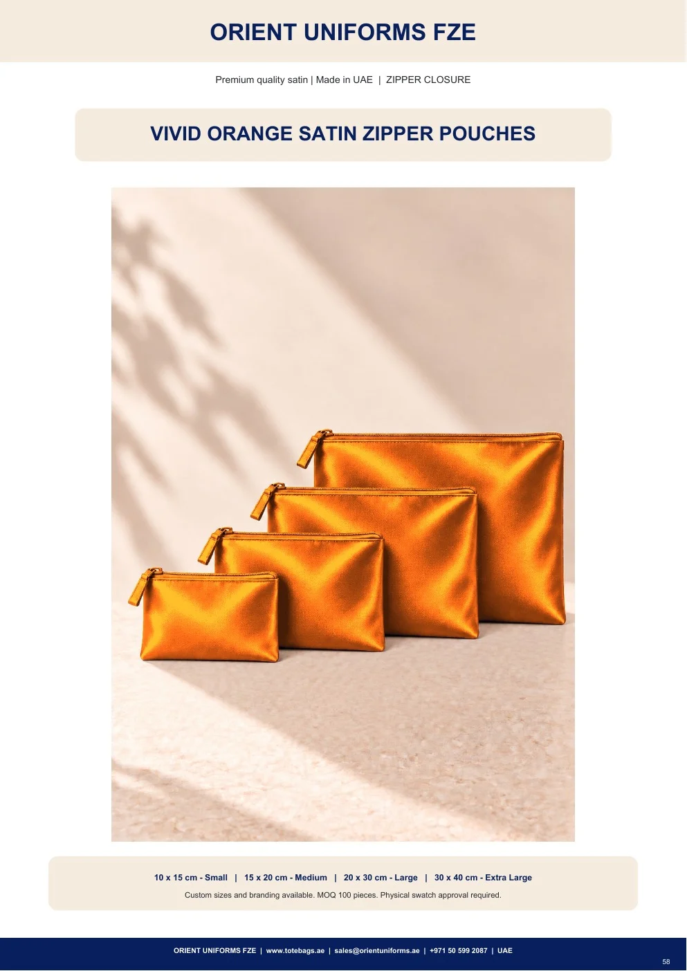 Vivid Orange Satin Zipper Pouches