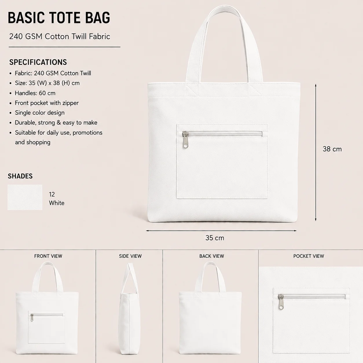 White Cotton Tote Bag Classic Shopper